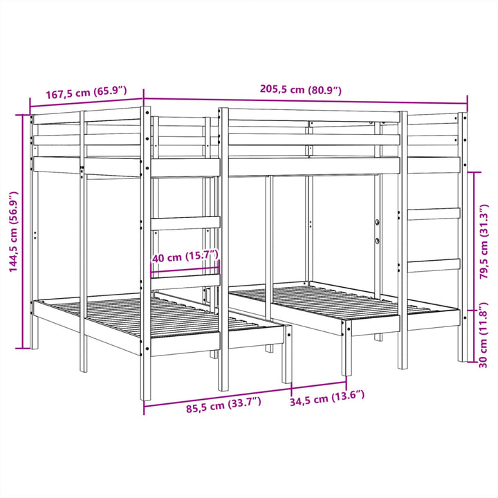 tredobbelt køjeseng 160x200/80x160 cm massivt fyrretræ