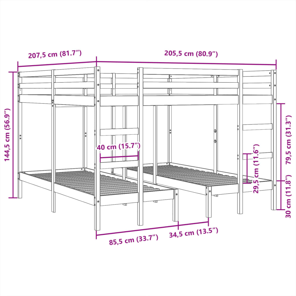 tredobbelt køjeseng 200x200/80x200 cm massivt fyrretræ hvid