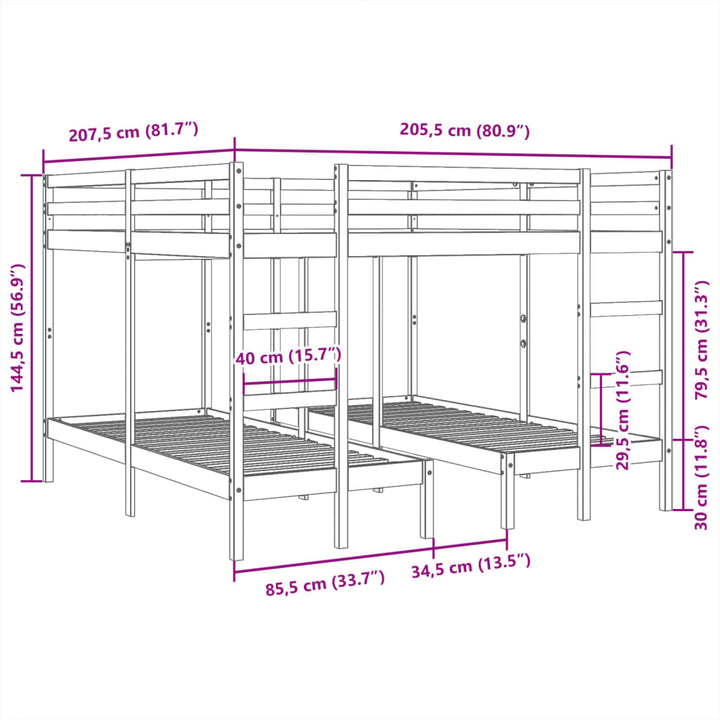 tredobbelt køjeseng 200x200/80x200 cm massivt fyrretræ hvid