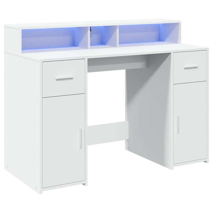 skrivebord med LED-lys 120x55x91 cm konstrueret træ hvid
