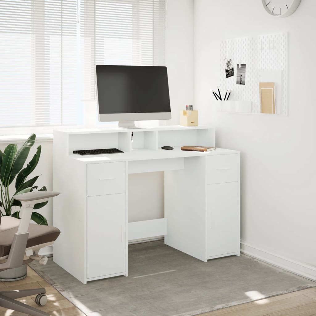 skrivebord med LED-lys 120x55x91 cm konstrueret træ hvid