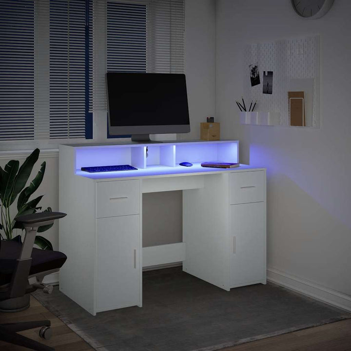 skrivebord med LED-lys 120x55x91 cm konstrueret træ hvid