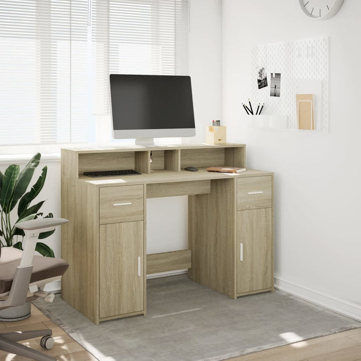 skrivebord med LED-lys 120x55x91 cm konstrueret træ sonoma-eg