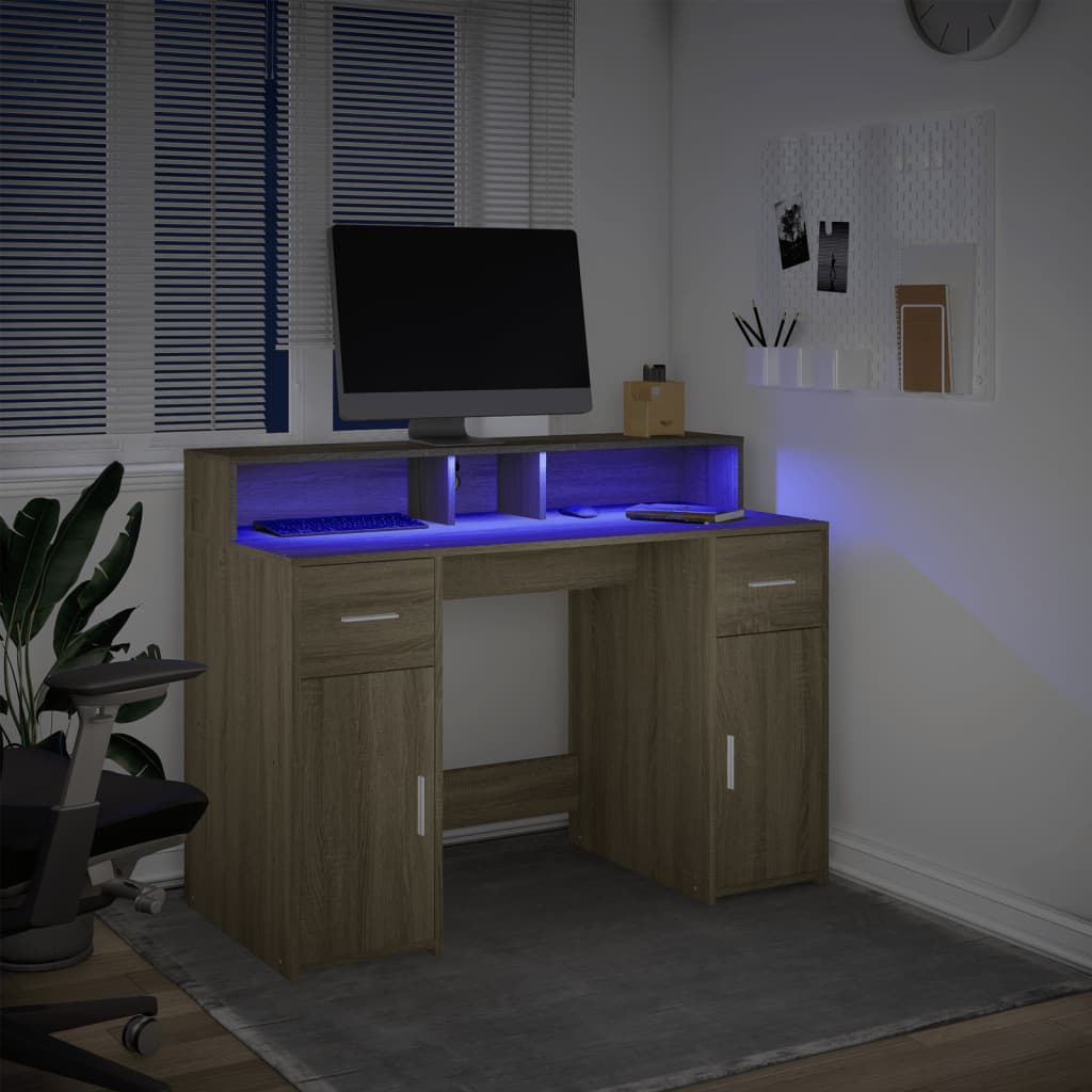 skrivebord med LED-lys 120x55x91 cm konstrueret træ sonoma-eg