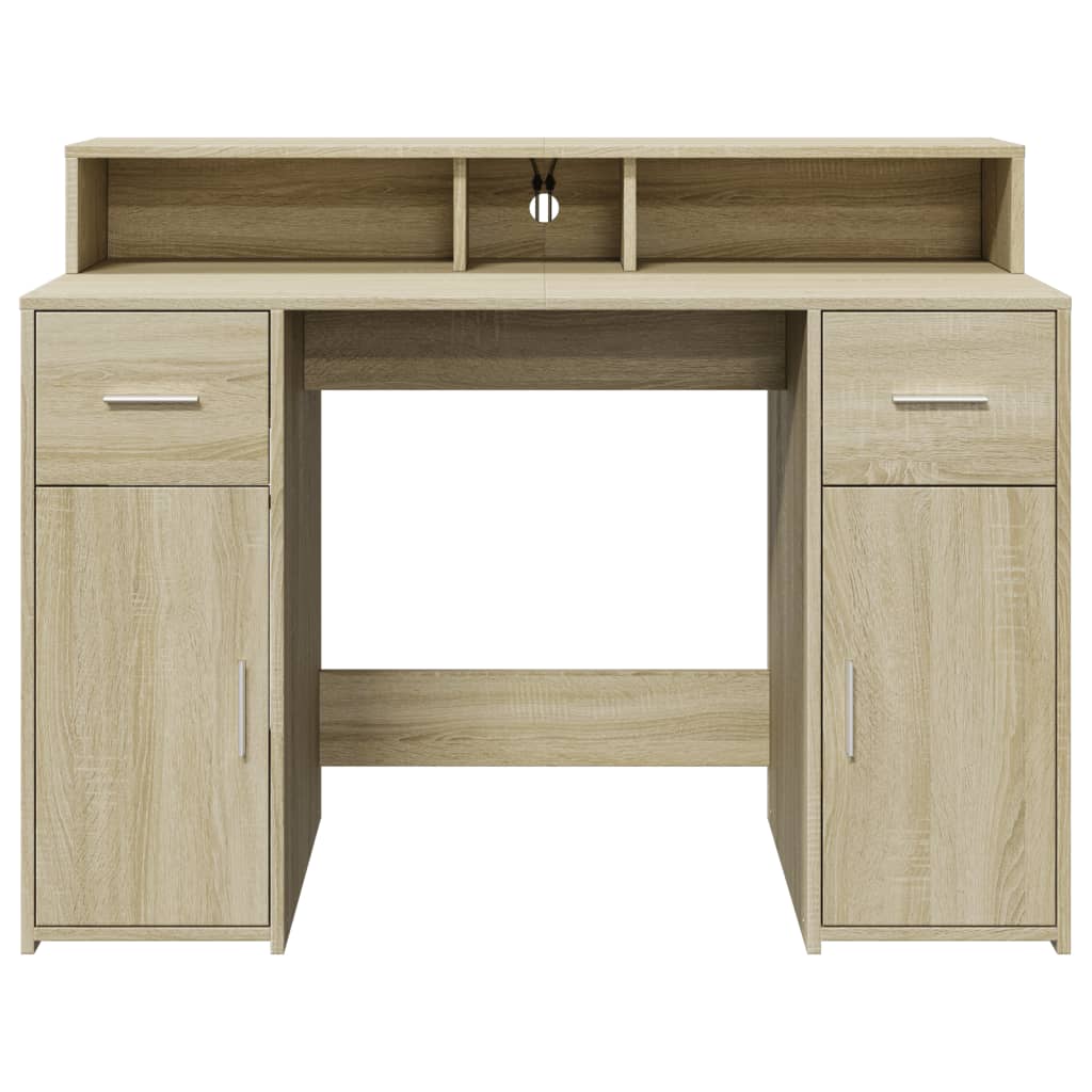 skrivebord med LED-lys 120x55x91 cm konstrueret træ sonoma-eg