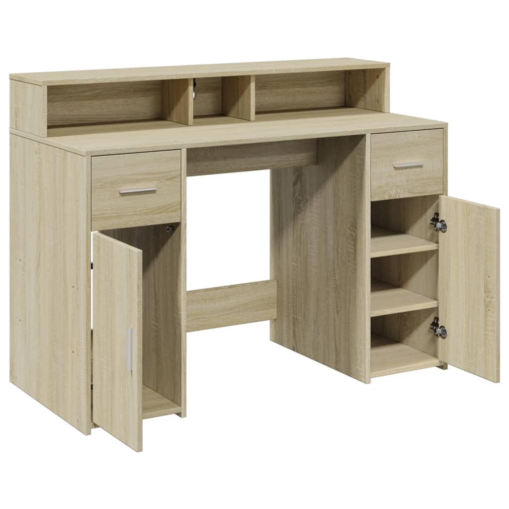 skrivebord med LED-lys 120x55x91 cm konstrueret træ sonoma-eg