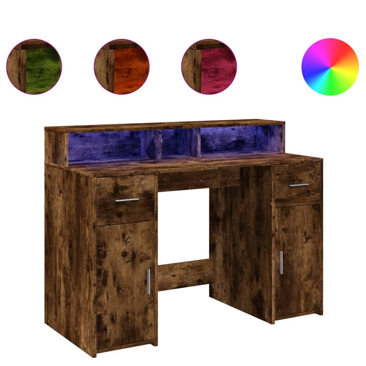 skrivebord med LED-lys 120x55x91 cm konstrueret træ røget eg