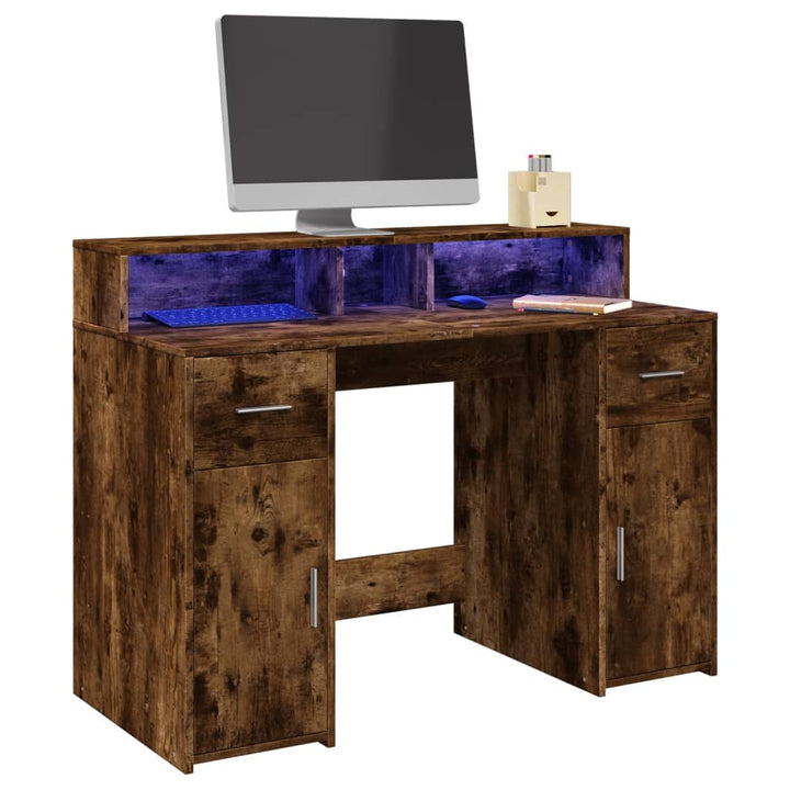 skrivebord med LED-lys 120x55x91 cm konstrueret træ røget eg