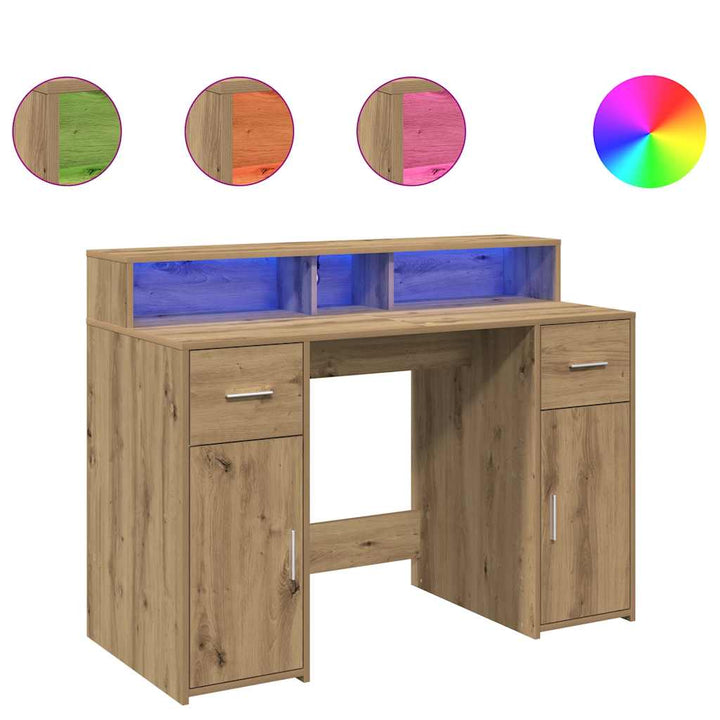 skrivebord med LED-lys 120x55x91 cm konstrueret træ gammelt eg