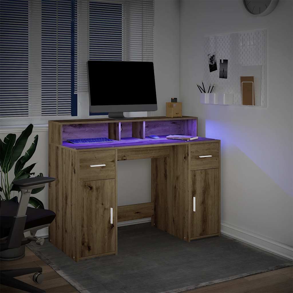 skrivebord med LED-lys 120x55x91 cm konstrueret træ gammelt eg