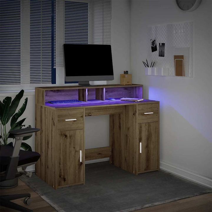 skrivebord med LED-lys 120x55x91 cm konstrueret træ gammelt eg