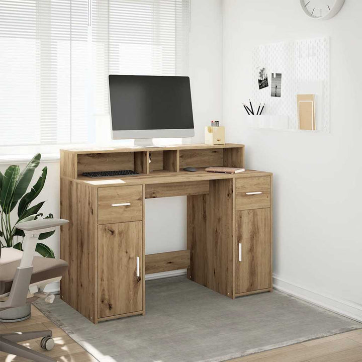 skrivebord med LED-lys 120x55x91 cm konstrueret træ gammelt eg