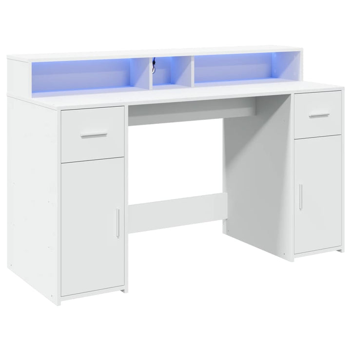 skrivebord med LED-lys 140x55x91 cm konstrueret træ hvid