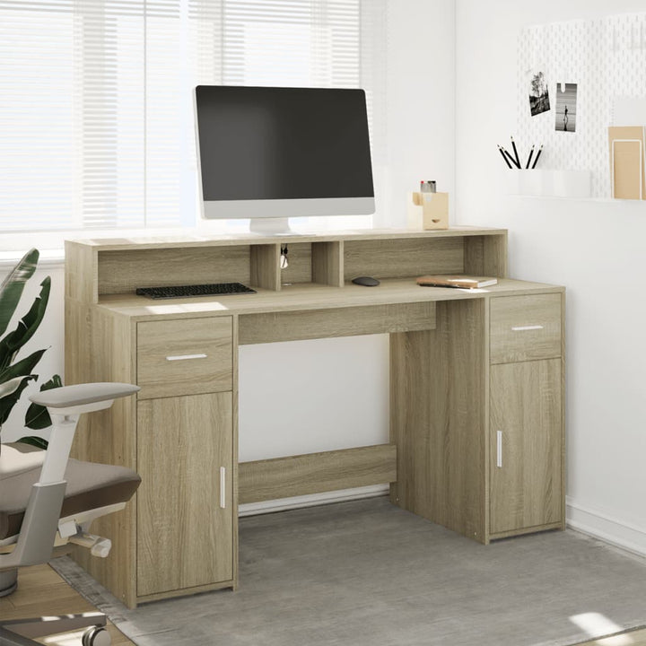 skrivebord med LED-lys 140x55x91 cm konstrueret træ sonoma-eg