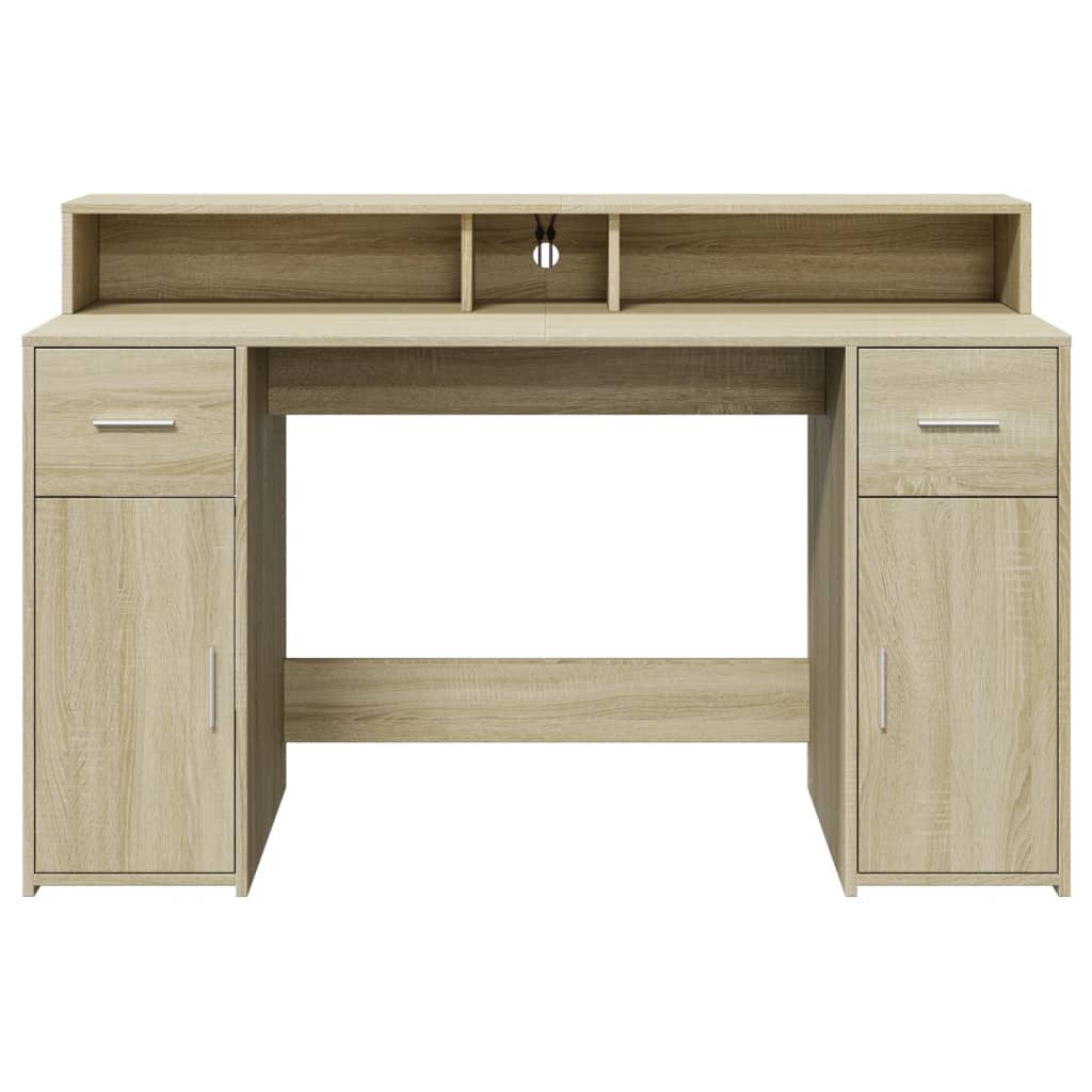skrivebord med LED-lys 140x55x91 cm konstrueret træ sonoma-eg