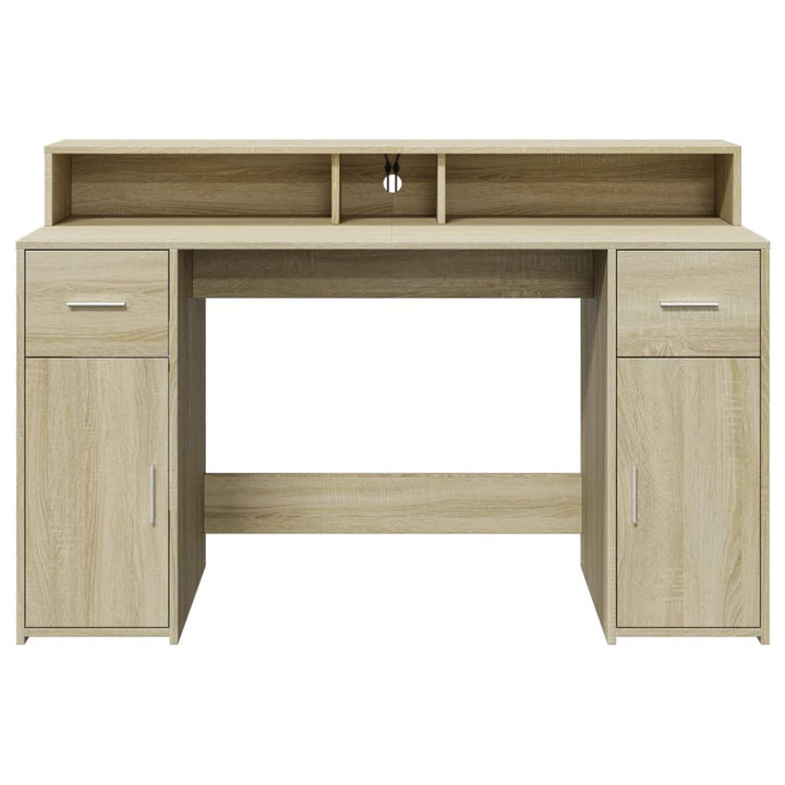 skrivebord med LED-lys 140x55x91 cm konstrueret træ sonoma-eg