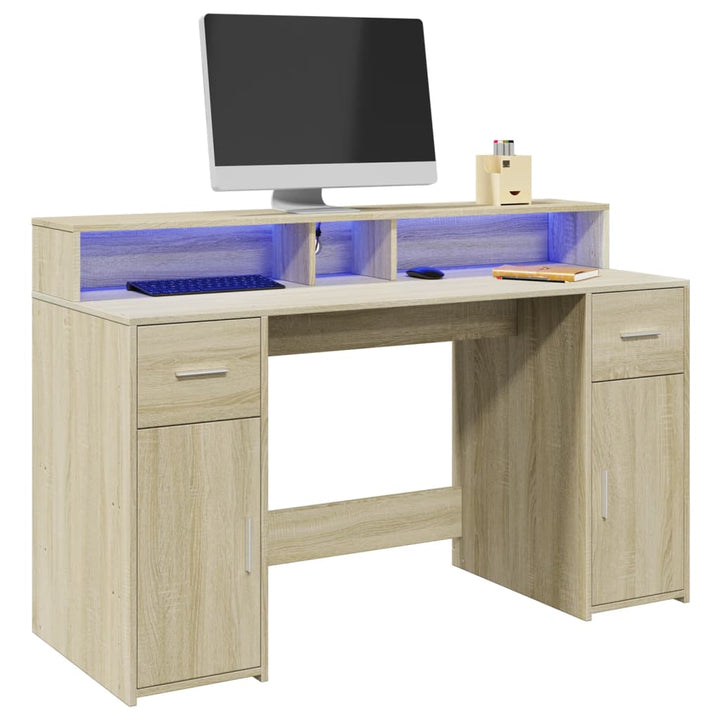 skrivebord med LED-lys 140x55x91 cm konstrueret træ sonoma-eg