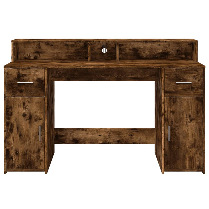 skrivebord med LED-lys 140x55x91 cm konstrueret træ røget eg