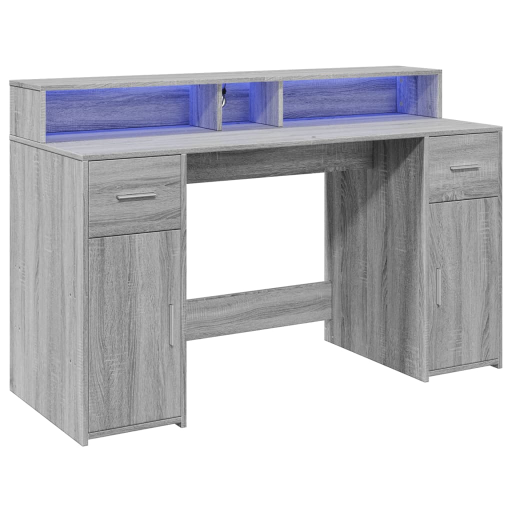 skrivebord m. LED-lys 140x55x91 cm konstrueret træ grå sonoma