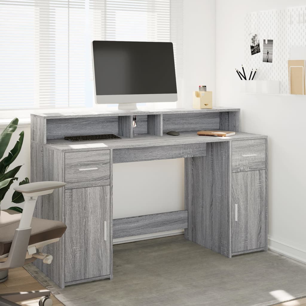 skrivebord m. LED-lys 140x55x91 cm konstrueret træ grå sonoma