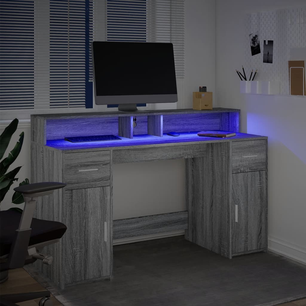 skrivebord m. LED-lys 140x55x91 cm konstrueret træ grå sonoma