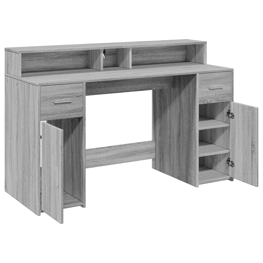 skrivebord m. LED-lys 140x55x91 cm konstrueret træ grå sonoma