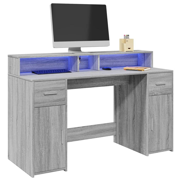 skrivebord m. LED-lys 140x55x91 cm konstrueret træ grå sonoma