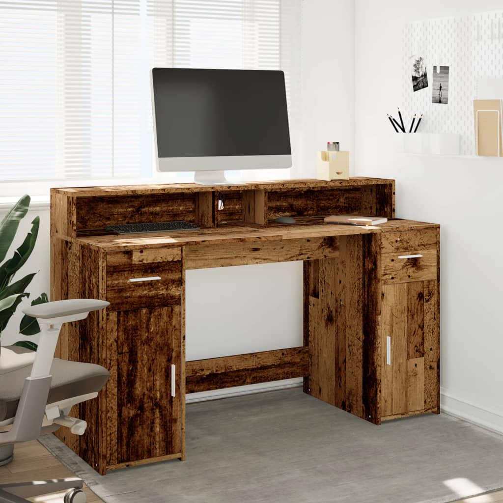 skrivebord m. LED-lys 140x55x91 cm konstrueret træ gammelt træ
