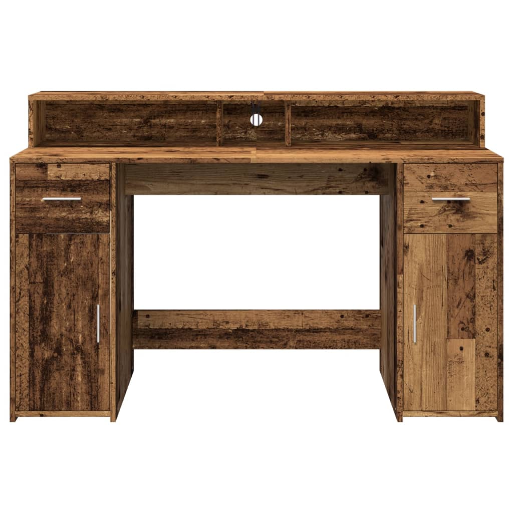 skrivebord m. LED-lys 140x55x91 cm konstrueret træ gammelt træ