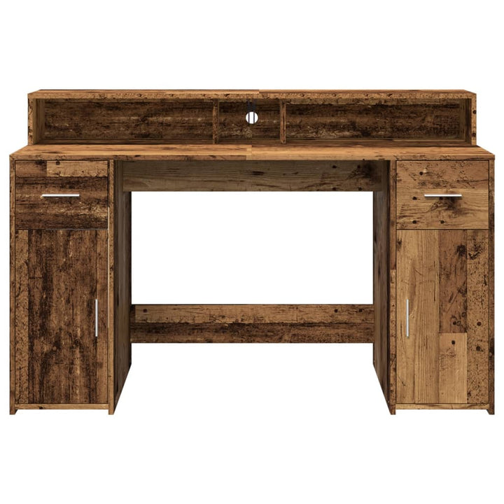 skrivebord m. LED-lys 140x55x91 cm konstrueret træ gammelt træ