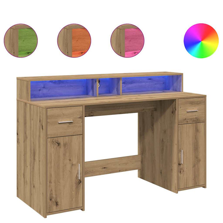 skrivebord med LED-lys 140x155x91 cm konstrueret træ gammelt eg