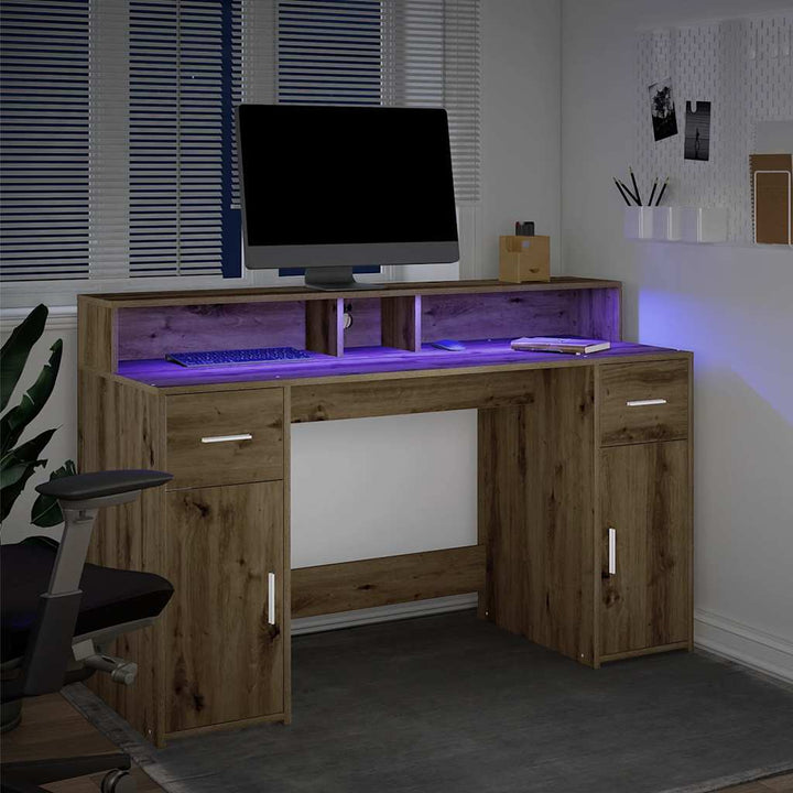 skrivebord med LED-lys 140x155x91 cm konstrueret træ gammelt eg