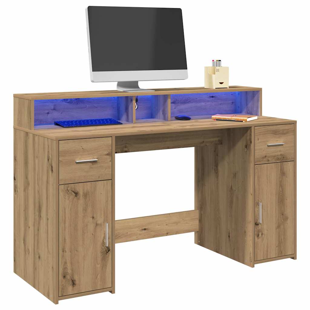 skrivebord med LED-lys 140x155x91 cm konstrueret træ gammelt eg