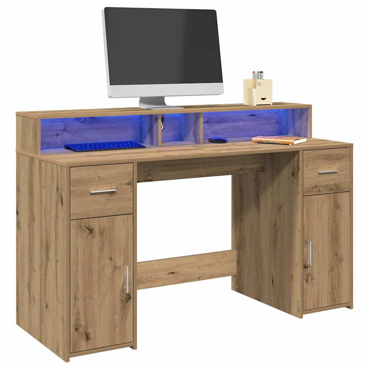 skrivebord med LED-lys 140x155x91 cm konstrueret træ gammelt eg