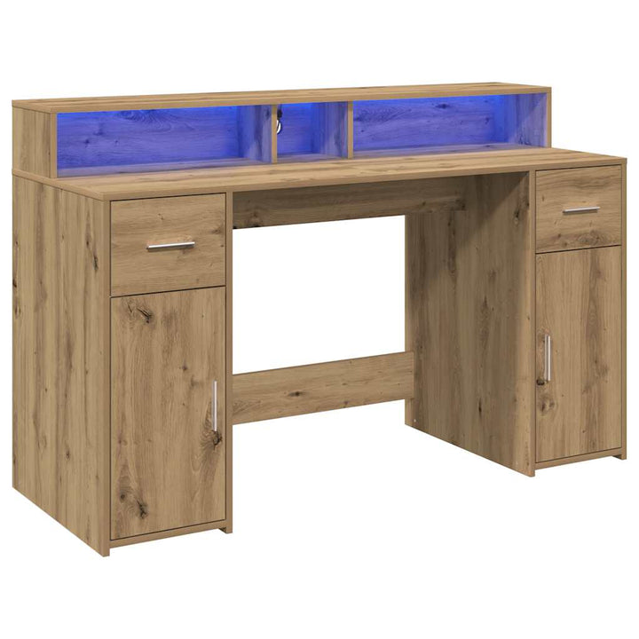 skrivebord med LED-lys 140x155x91 cm konstrueret træ gammelt eg