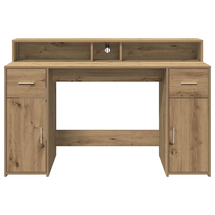 skrivebord med LED-lys 140x155x91 cm konstrueret træ gammelt eg