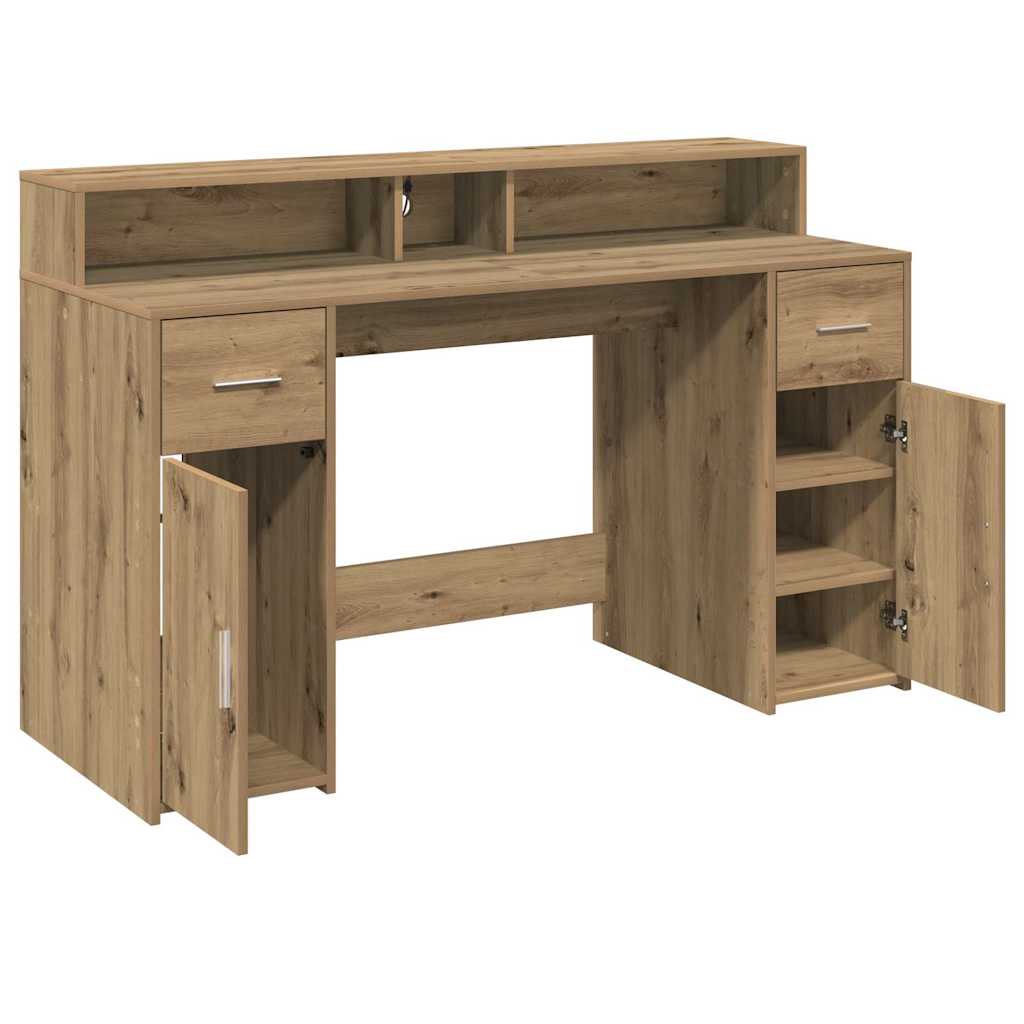 skrivebord med LED-lys 140x155x91 cm konstrueret træ gammelt eg