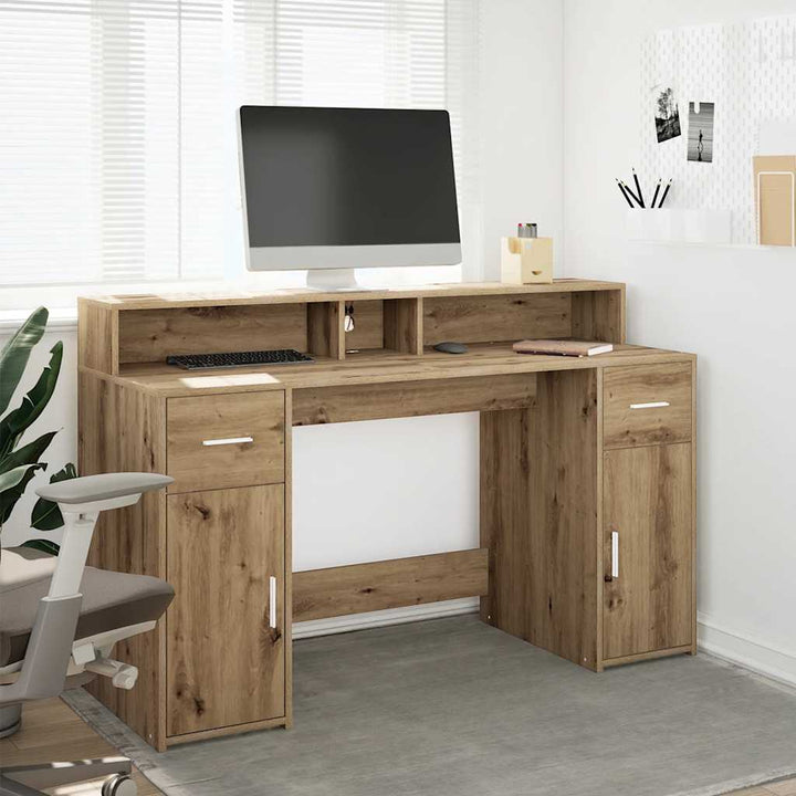 skrivebord med LED-lys 140x155x91 cm konstrueret træ gammelt eg