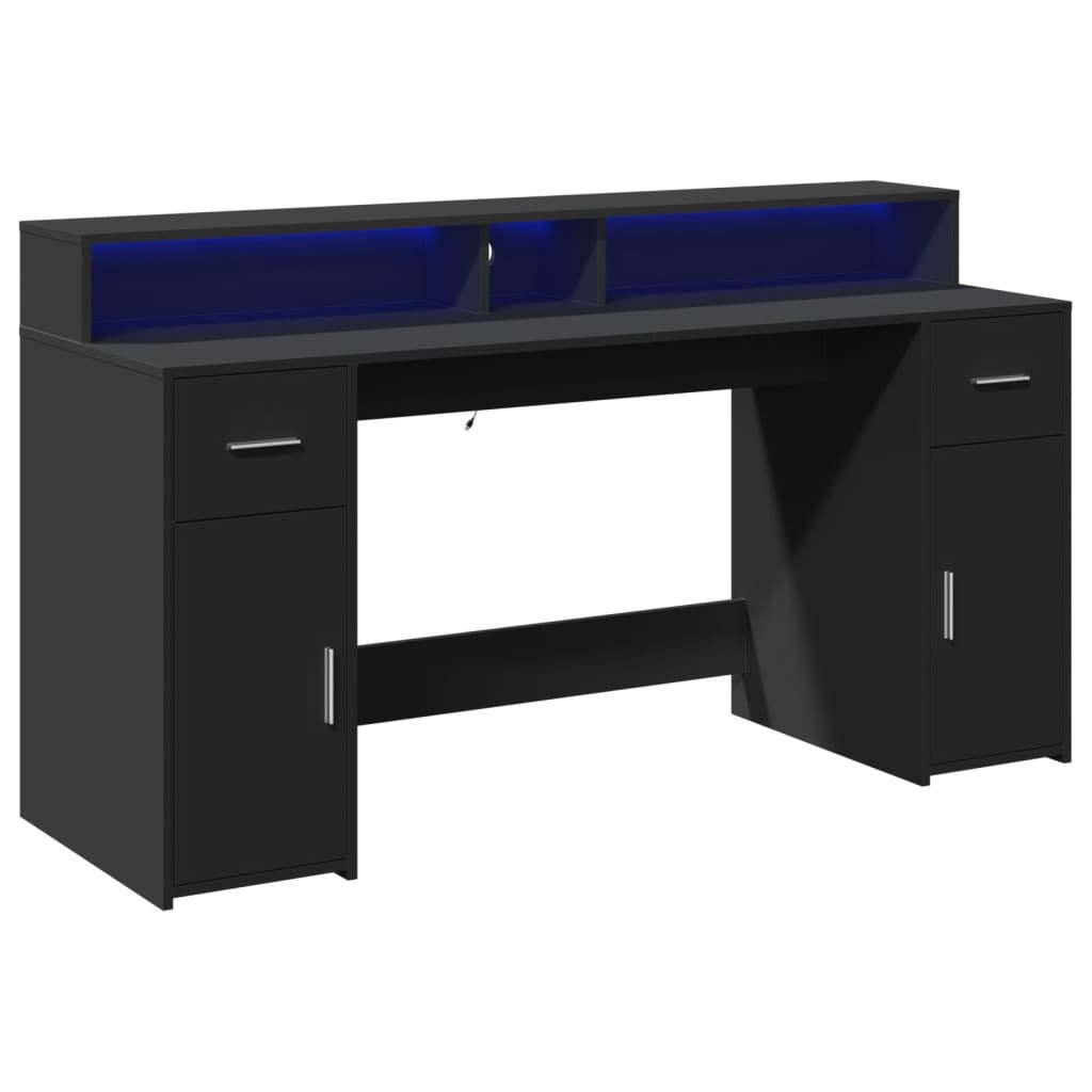 skrivebord med LED-lys 160x55x91 cm konstrueret træ sort