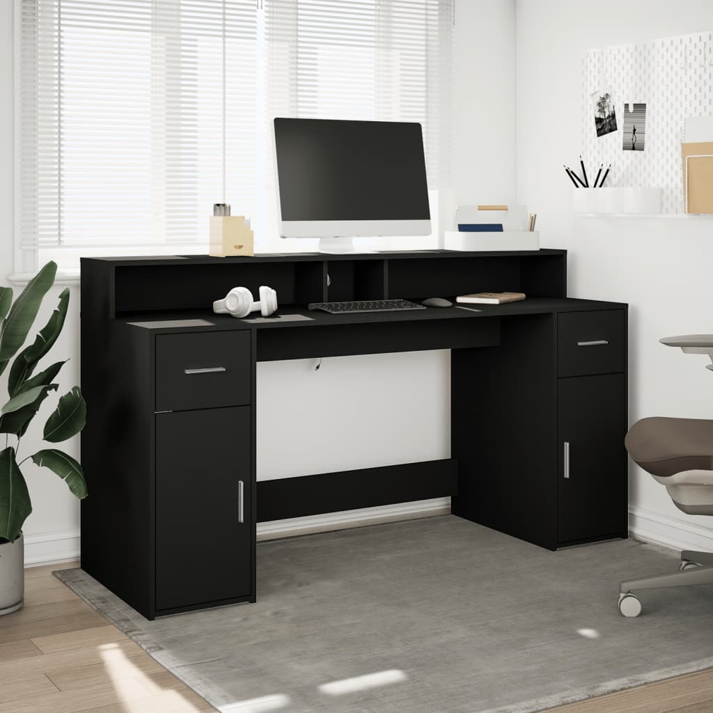 skrivebord med LED-lys 160x55x91 cm konstrueret træ sort