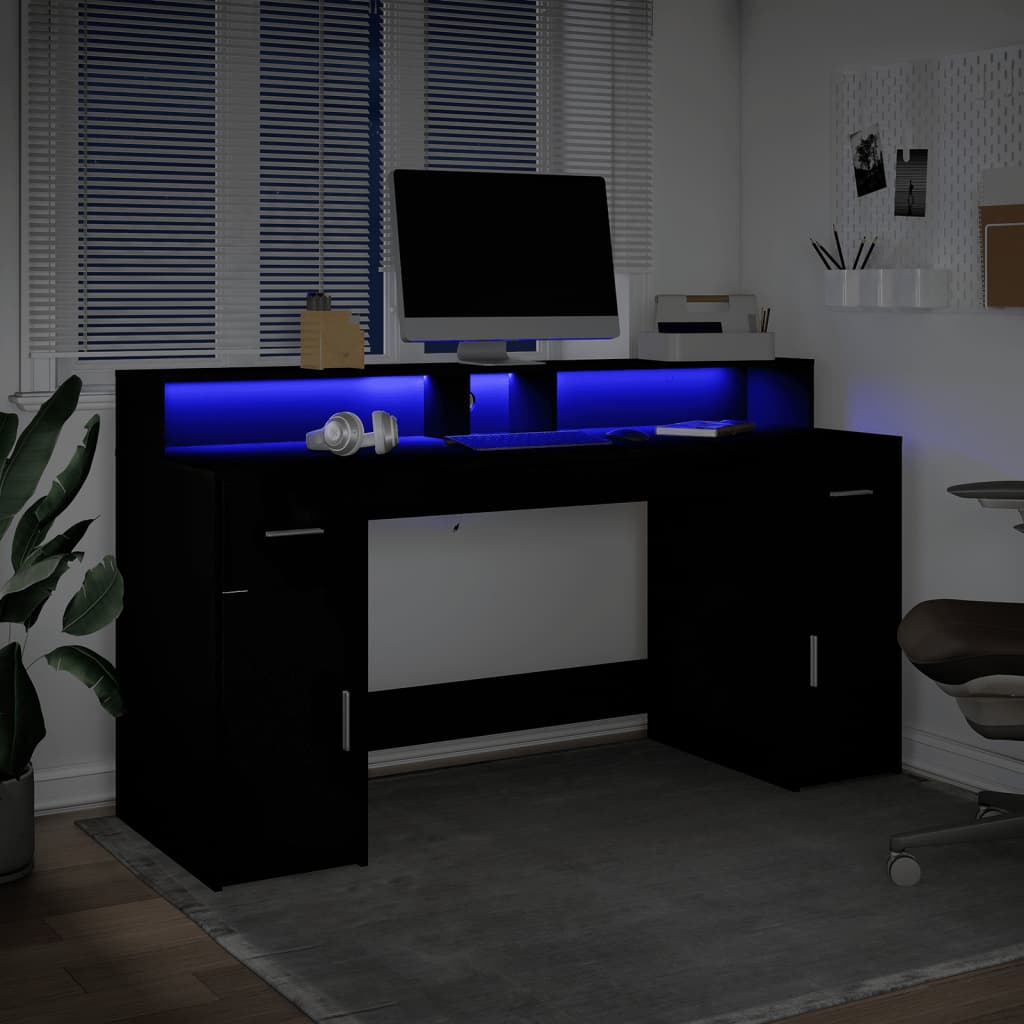 skrivebord med LED-lys 160x55x91 cm konstrueret træ sort