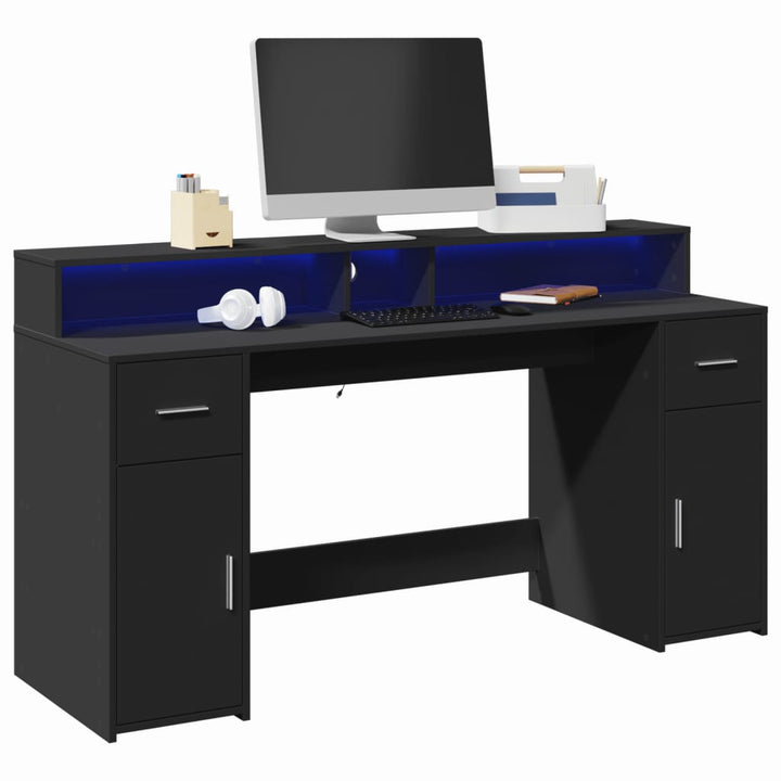 skrivebord med LED-lys 160x55x91 cm konstrueret træ sort