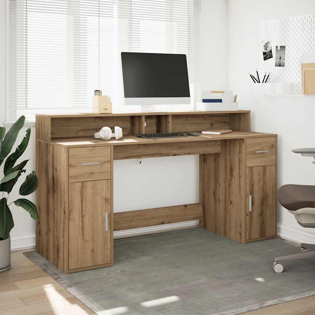 skrivebord med LED-lys 160x155x91 cm konstrueret træ gammelt eg