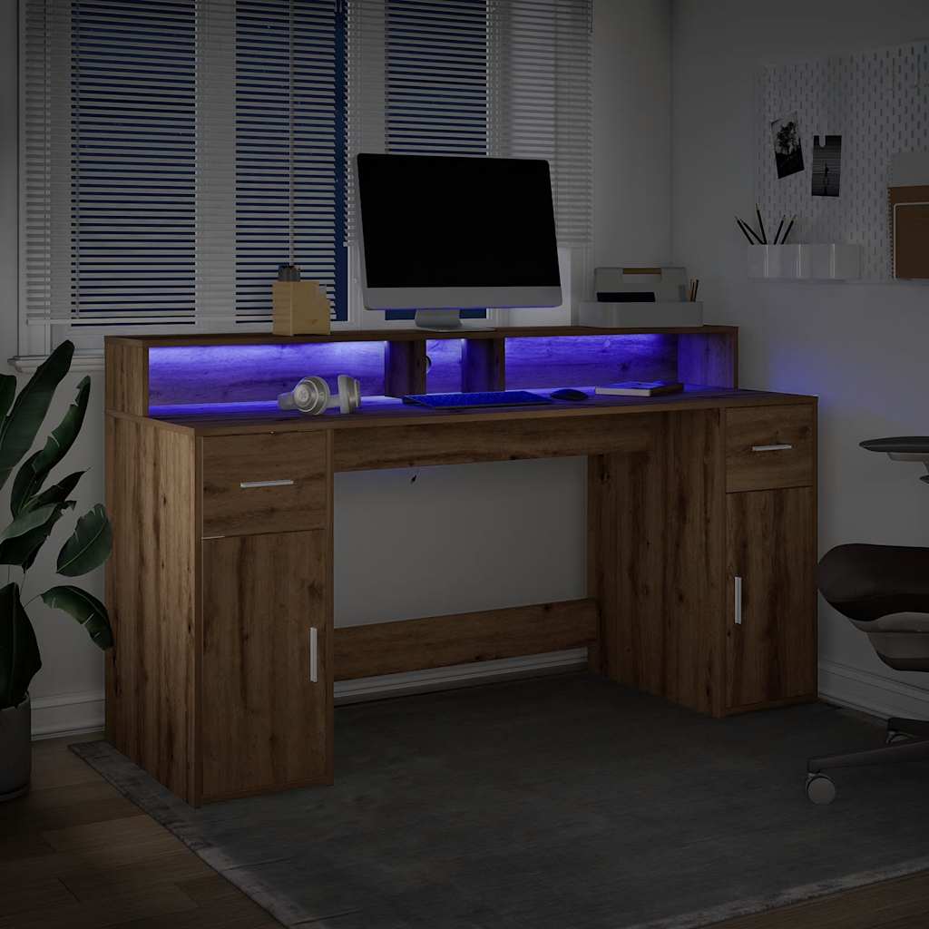 skrivebord med LED-lys 160x155x91 cm konstrueret træ gammelt eg
