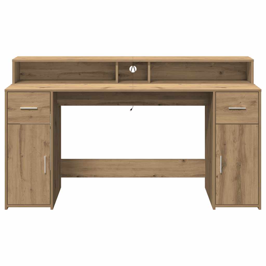 skrivebord med LED-lys 160x155x91 cm konstrueret træ gammelt eg