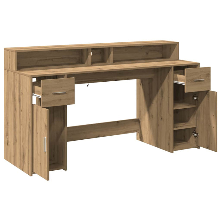 skrivebord med LED-lys 160x155x91 cm konstrueret træ gammelt eg