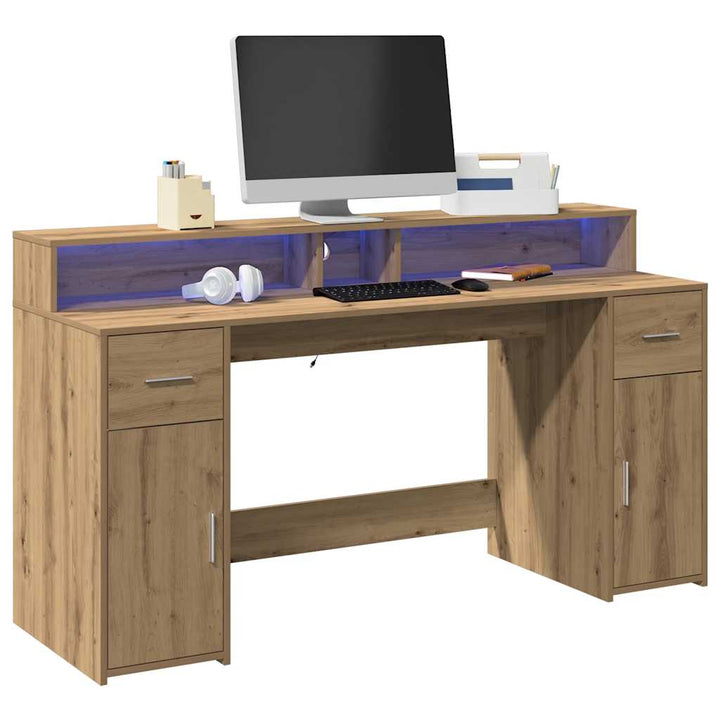 skrivebord med LED-lys 160x155x91 cm konstrueret træ gammelt eg