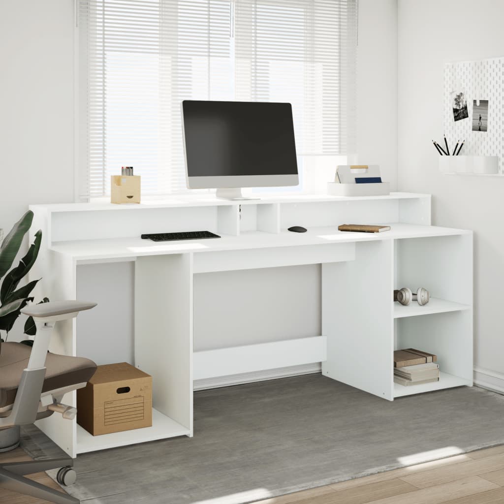 skrivebord med LED-lys 200x155x91 cm konstrueret træ hvid