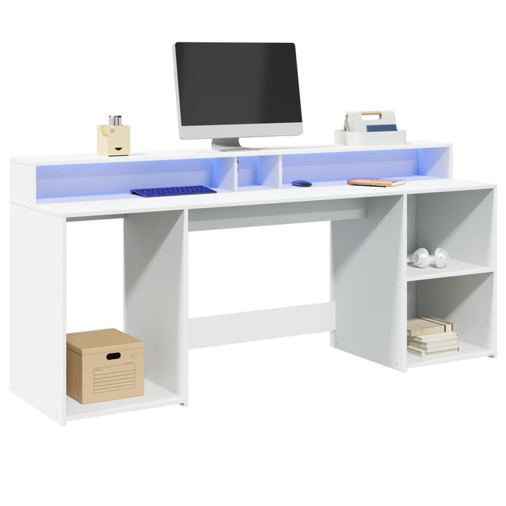 skrivebord med LED-lys 200x155x91 cm konstrueret træ hvid