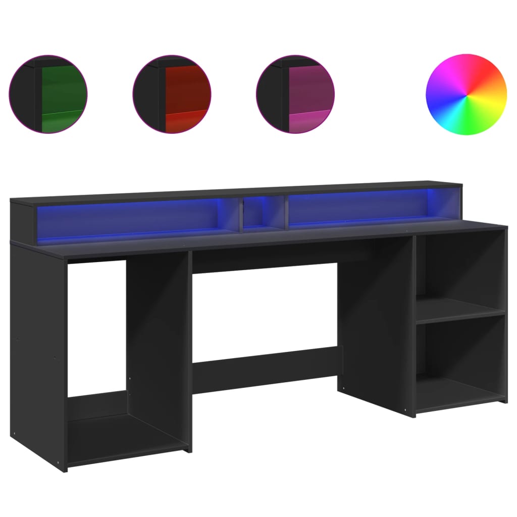 skrivebord med LED-lys 200x55x91 cm konstrueret træ sort